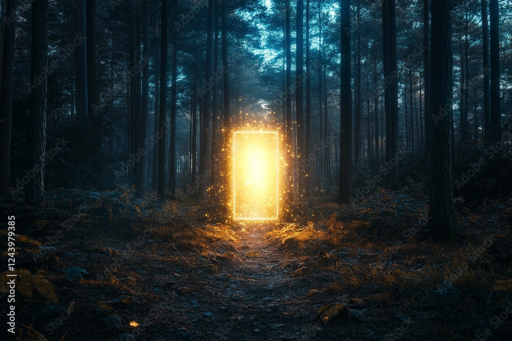 Fototapeta premium Concept of natural beauty and tranquility. Concept for a mystical forest entrance with a glowing portal framed by trees, enchanting atmosphere, magical journey, nature, illumination