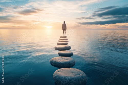 Concept of relaxation and inner peace. A serene journey across stepping stones at sunset, reflecting tranquility, peace, and freedom in nature
