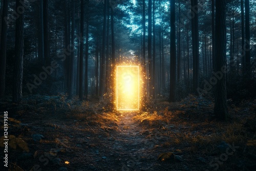Concept of natural beauty and tranquility. Concept for a mystical forest entrance with a glowing portal framed by trees, enchanting atmosphere, magical journey, nature, illumination