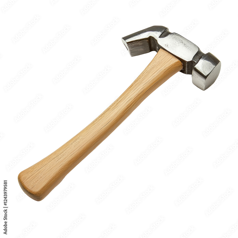 Close-up view of a wooden-handled hammer on a white background, showcasing its design and craftsmanship for construction use Close-up view of a wooden-handled hammer on a white background, showcasing its design and craftsmanship for construction use