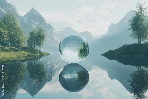 Concept of relaxation and inner peace. Concept of tranquility in nature with reflective crystal sphere in a serene lake under mountains, environmental beauty, landscape, meditation
