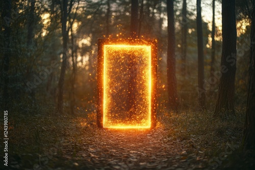 Concept of natural beauty and tranquility. Concept for a magical doorway in a mystical forest setting at sunset, enchanting entrance, glowing portal, mysterious woods, supernatural light