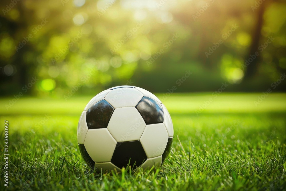 Fototapeta premium A close-up of a classic black and white soccer ball resting on vibrant green grass under soft sunlight.