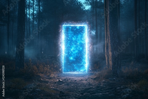 Concept of natural beauty and tranquility. Concept of a mystical gateway to another dimension in an enchanted forest with glowing blue light, portal, magic, adventure, fantasy, exploration