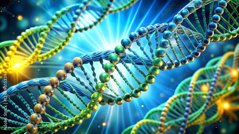 Vibrant DNA Helix Structure with Abstract Blue Background Effects Vibrant DNA Helix Structure with Abstract Blue Background Effects