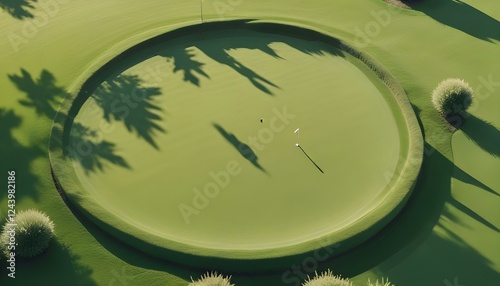 Vista aérea de una zona verde circular, que se asemeja a un putting green de golf, rodeada de una exuberante hierba de un verde más oscuro. La luz del sol crea distintas sombras y luces photo