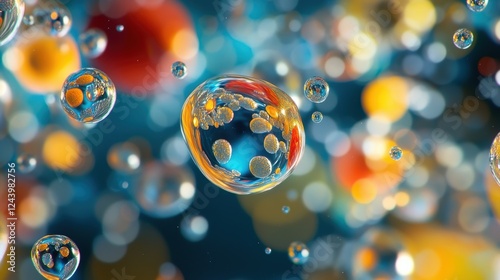 An extreme closeup of a liquid droplet containing a mixture of amino acids ATP and other essential components used in cellfree protein synthesis. The fine textures and colors of the