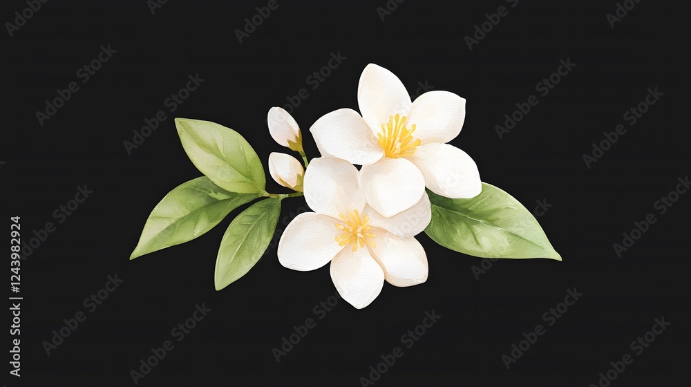 Obraz premium Elegant White Blossoms with Green Leaves on Dark Background