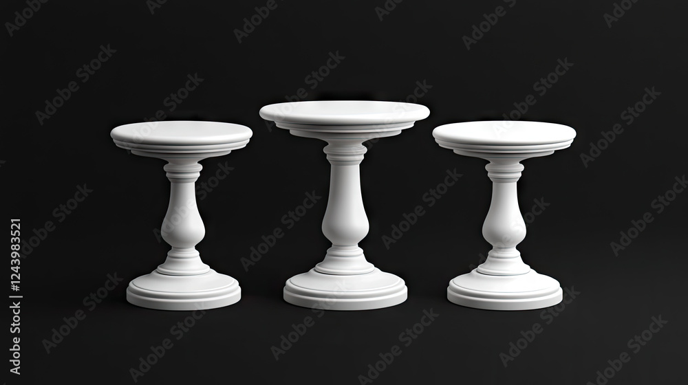 Three white pedestal cake stands, black background, dessert display, wedding decor Three white pedestal cake stands, black background, dessert display, wedding decor