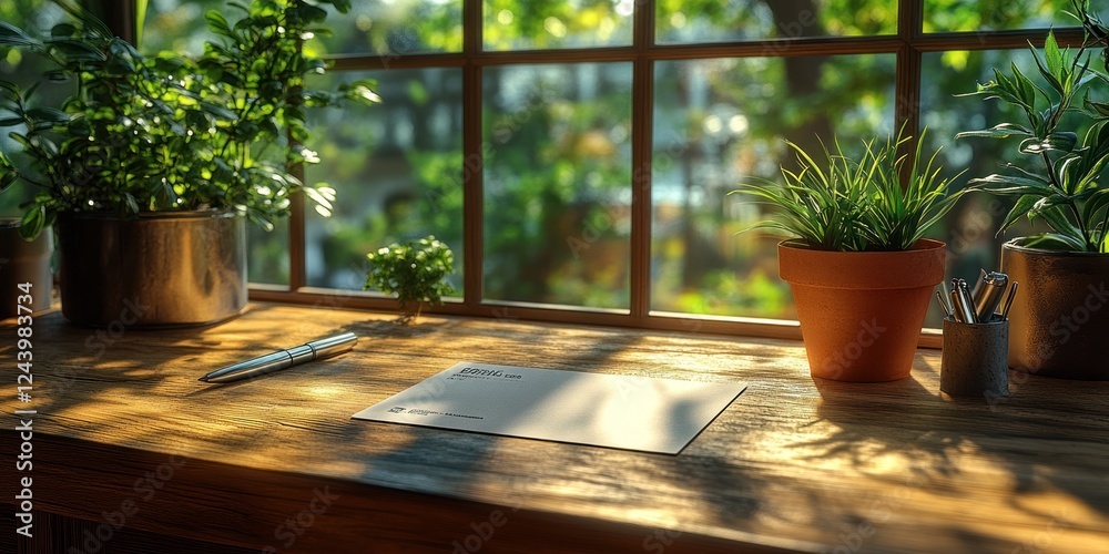 Sunlit Workspace: Serene Window View with Plants and Stationery Sunlit Workspace: Serene Window View with Plants and Stationery