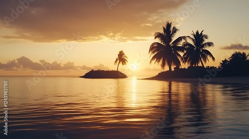 Tropical Island Sunset Golden Hues Palm Trees Ocean