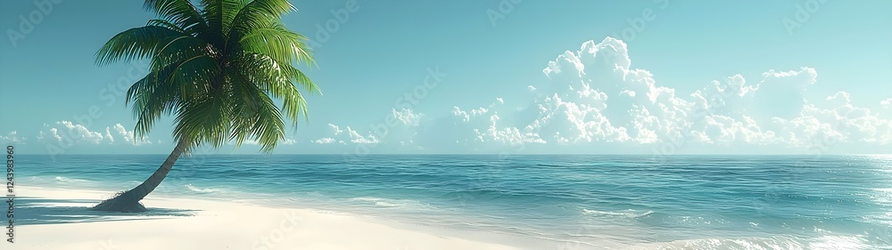 A serene beach scene featuring a lone palm tree leaning gracefully over soft white sands, bathed in the warm glow of daylight with tranquil turquoise waters and fluffy clouds. A serene beach scene featuring a lone palm tree leaning gracefully over soft white sands, bathed in the warm glow of daylight with tranquil turquoise waters and fluffy clouds.