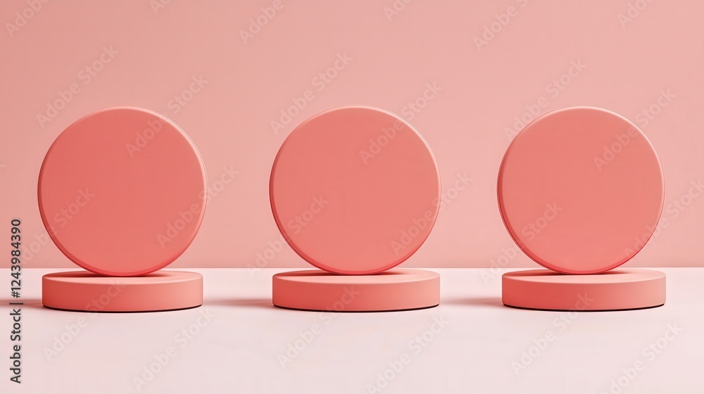 Set of Three Round Coral Tablets on Minimalist Pink Surface for Modern Design Inspiration and Product Display Set of Three Round Coral Tablets on Minimalist Pink Surface for Modern Design Inspiration and Product Display