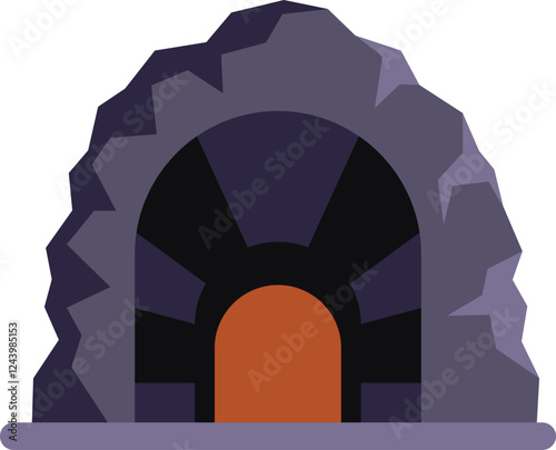 Dark mining tunnel entrance glowing from inside a rocky mountain cave creates a mysterious atmosphere