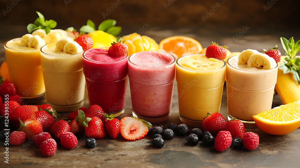 A vibrant display of colorful fruit smoothies in glasses, surrounded by fresh berries and citrus fruits on a rustic wooden surface. A vibrant display of colorful fruit smoothies in glasses, surrounded by fresh berries and citrus fruits on a rustic wooden surface.