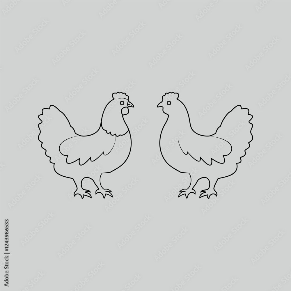 Fototapeta premium Two Chickens Facing Each Other Hand-Drawn Design