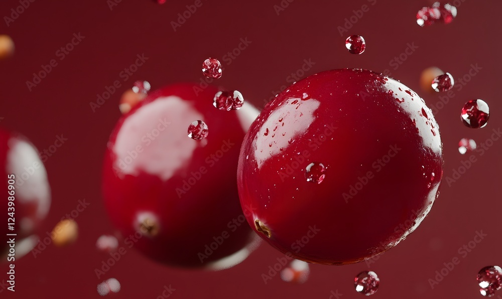 Fototapeta premium Cranberries levitating, water droplets, red background, healthy food, advertising