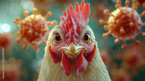 Close-up of a chicken with a virus particle nearby, symbolizing avian flu or zoonotic transmission concepts and biosecurity photo