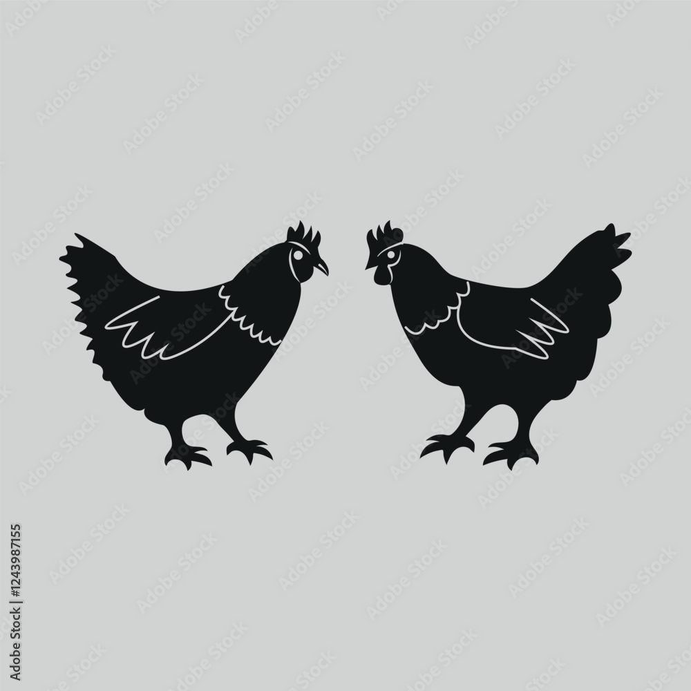 Two Hens Facing Each Other Hand-Drawn Design Two Hens Facing Each Other Hand-Drawn Design