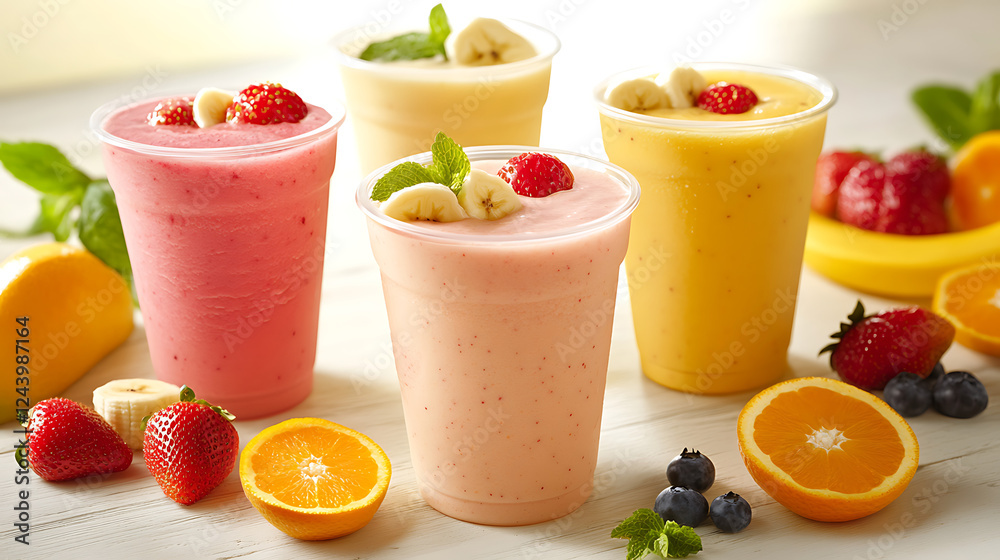 A vibrant display of colorful fruit smoothies in cups, garnished with fresh fruits, perfect for a refreshing treat. A vibrant display of colorful fruit smoothies in cups, garnished with fresh fruits, perfect for a refreshing treat.