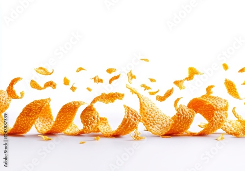 Abstract image of swirling, golden citrus zest pieces against a bright white background. The zest is dynamic and creates a sense of movement and photo