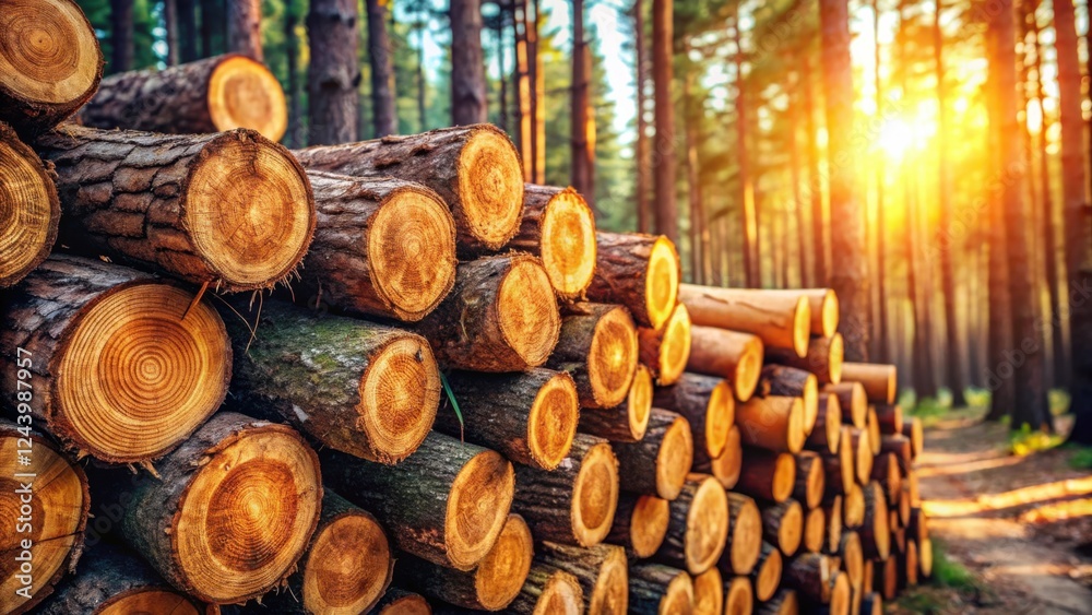Golden Hour Lumber Stack in a Sun Drenched Forest Golden Hour Lumber Stack in a Sun Drenched Forest