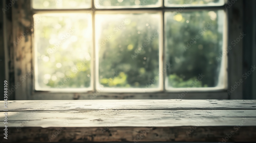 Fototapeta premium A fresh and airy kitchen scene featuring a weathered white wood table, with warm sunlight streaming through a softly blurred summer window.