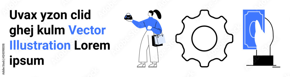 Professional woman holding bag and clipboard, gear symbol, and hand interacting with a wallet icon. Ideal for business process, technology, innovation, productivity, finance, apps flat landing page Professional woman holding bag and clipboard, gear symbol, and hand interacting with a wallet icon. Ideal for business process, technology, innovation, productivity, finance, apps flat landing page