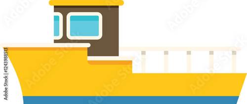 Yellow fishing boat floating on water with bridge and cabin