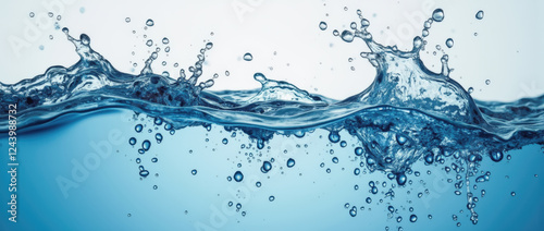 Water droplets rise and fall in a crystal clear environment, creating captivating splashes that reflect light and energy during a peaceful moment
