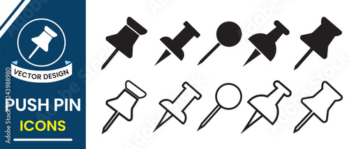Push pin icon, vector set. Push pin vector illustration. Paperclip, notice board, Needle, pin, attach, outlined, flat, pin icon. Vector illustration.
