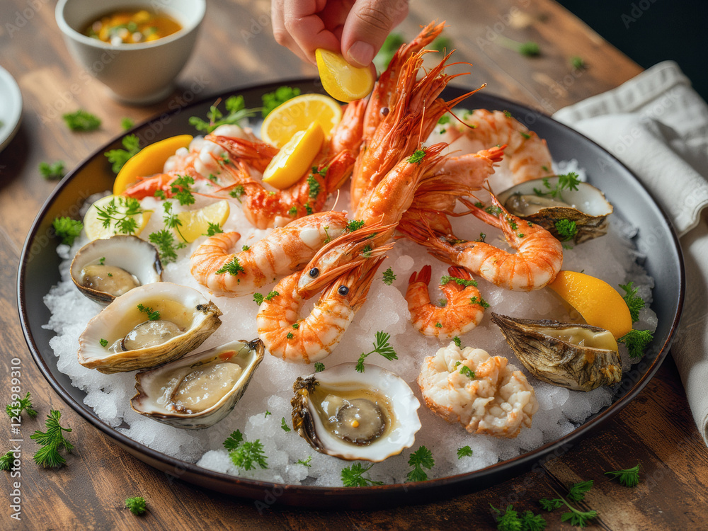 professional advertisement food photography: A plate of shrimp and oysters on ice with lemon wedges. professional advertisement food photography: A plate of shrimp and oysters on ice with lemon wedges.
