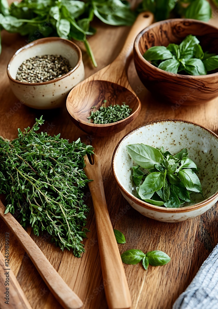 Wooden kitchen, herbs, cooking, bowls, table Wooden kitchen, herbs, cooking, bowls, table