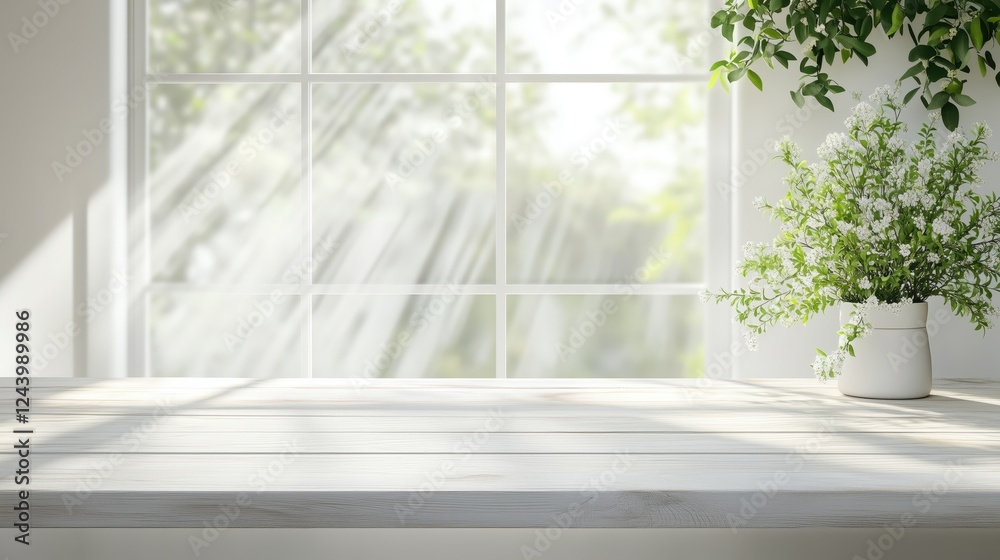 Fototapeta premium Sunlight streams through a wide-open spring window, casting a warm glow on a clean white wood table, ideal for product display or design.