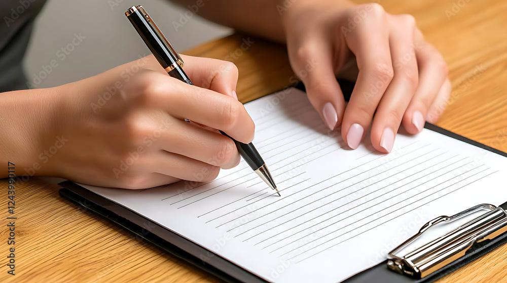 A woman is writing on a piece of paper with a pen A woman is writing on a piece of paper with a pen
