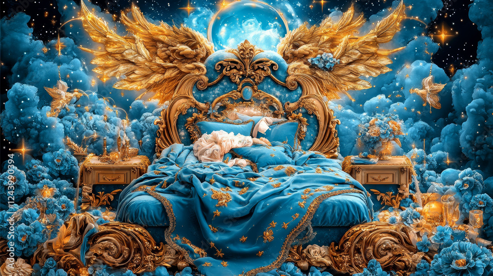 Obraz premium luxurious bedroom scene featuring grand bed with golden wings, surrounded by blue clouds and flowers. dreamy atmosphere evokes sense of tranquility and elegance