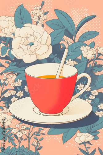 Floral Teacup Delight: A vibrant illustration showcases a red teacup filled with golden tea, nestled amidst a blossoming garden of delicate white flowers and lush green foliage.