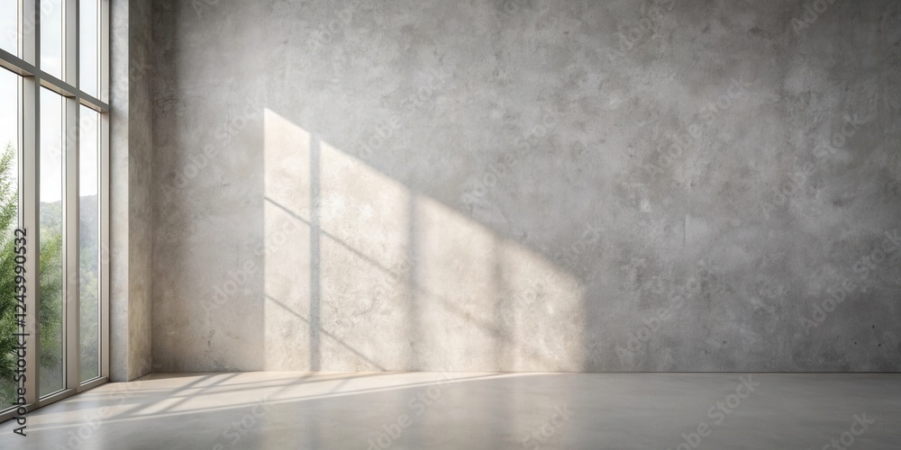 Empty Room with Concrete Wall and Sunlight Streaming Through a Large Window Empty Room with Concrete Wall and Sunlight Streaming Through a Large Window