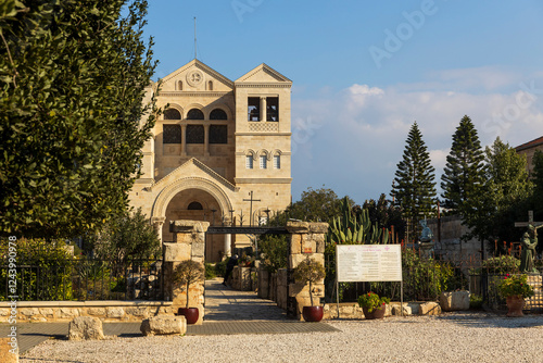 Canvastavla Mount Tabor, Israel – February 3, 2025: The Basilica of the Transfiguration, western side, on Mount Tabor