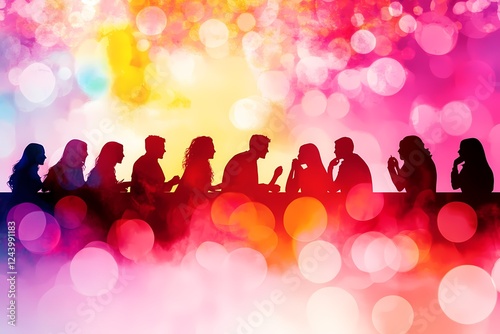 A group of people are sitting around a table, with a pink background