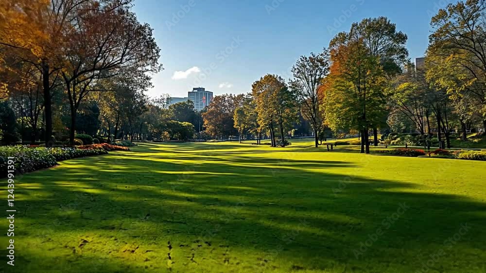A serene park scene featuring lush green grass, vibrant flowers, and trees under a clear sky footage A serene park scene featuring lush green grass, vibrant flowers, and trees under a clear sky footage