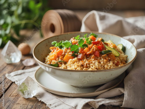 professional advertisement food photography: A bowl of couscous with vegetables on a wooden table. photo