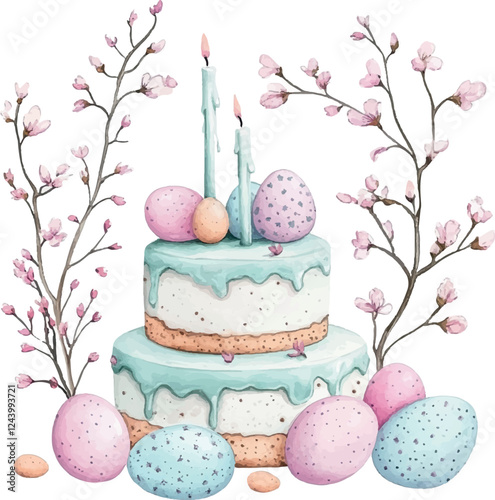 Watercolor Easter cake picture with flowers and eggs in pastel colors