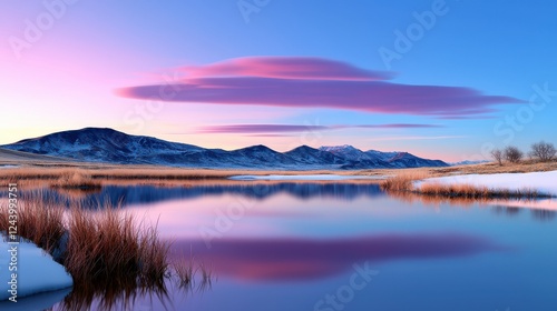 Pink And Purple Sunset Over Snowy Mountain Lake Reflection