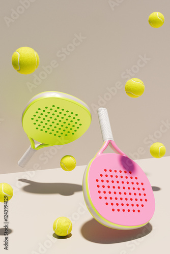 Colorful paddles and tennis balls in a playful arrangement, perfect for a summer sports day. 3d rendering