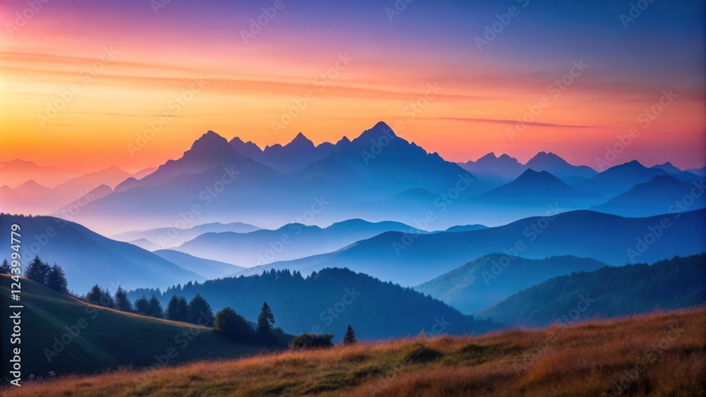 Obraz premium Serene Sunset Over Rolling Mountain Ranges and Grasslands