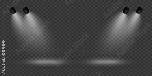 Scene with bright white light. Spotlight effect of light and podium. Vector illustration