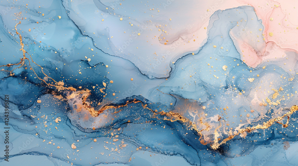 Fototapeta premium Delicate blue, pink, and gold leaf with fine lines and intricate curves