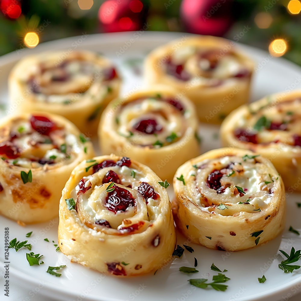 there are many rolls of food on a plate with a christmas tree in the background there are many rolls of food on a plate with a christmas tree in the background