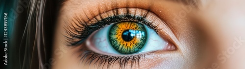 Close up view of a human eye, featuring a hazel iris, long dark eyelashes, and soft lighting. The eye is in sharp focus, showcasing details of its